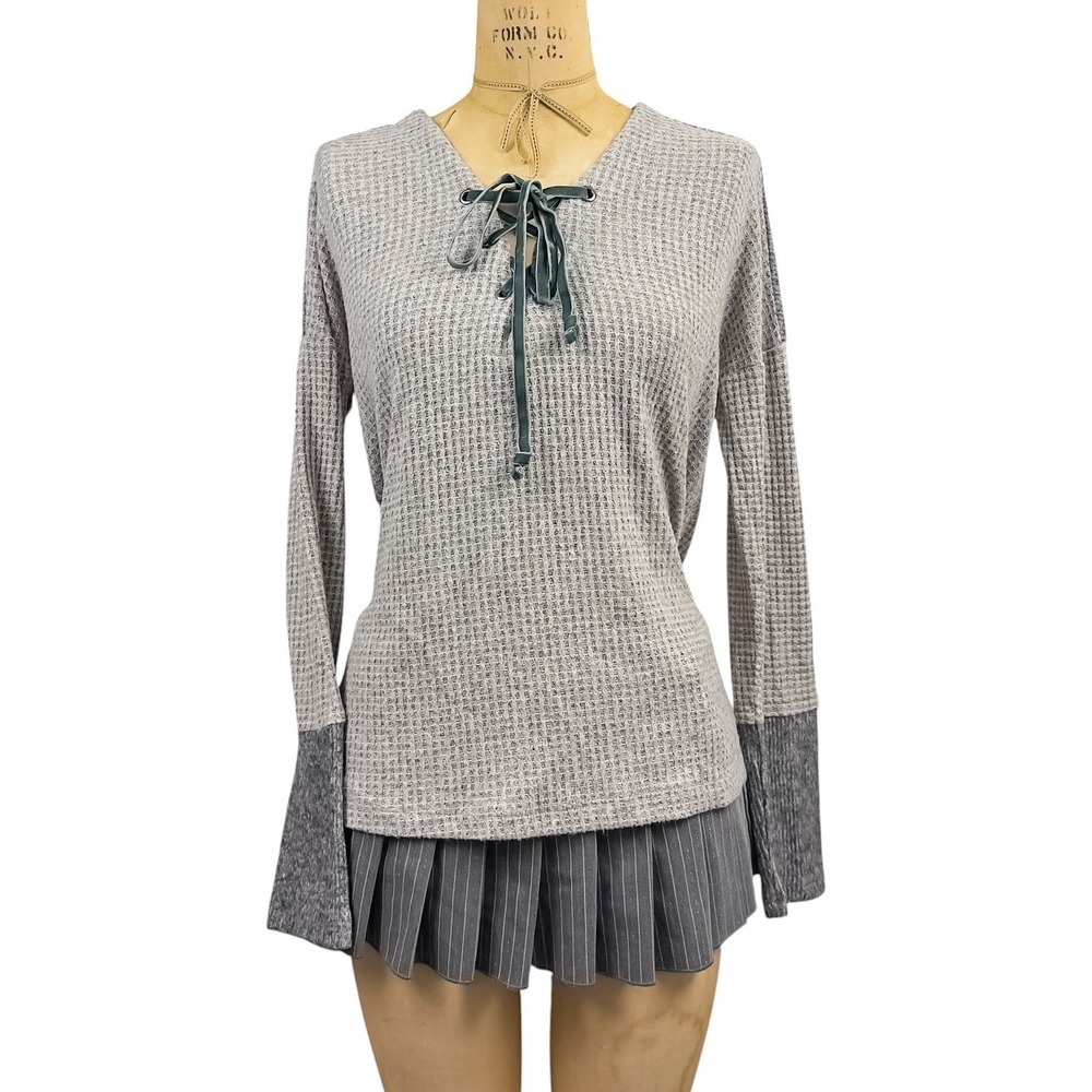 Grunge Waffle Knit Sweater Velvet Tie Neck Cozy Gorpcore Boho Thermal Medium